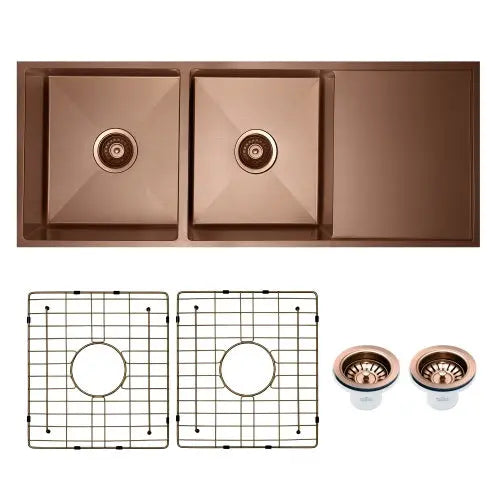 Vertex Brushed Copper Rose Gold Double Bowl Stainless Steel Sink with Drainer 1114x440x200 (Model RGSDD 1144)