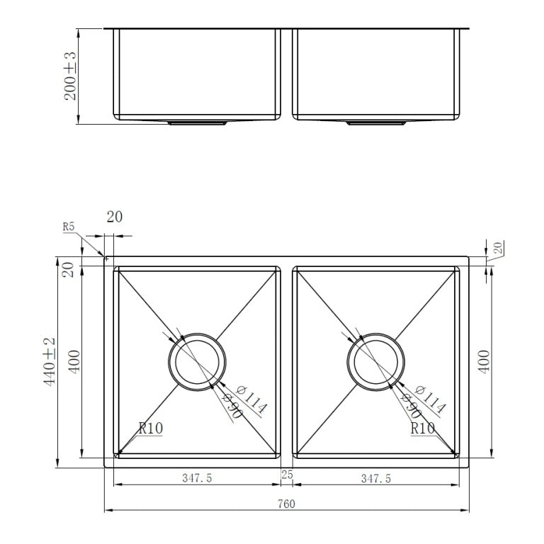 Vertex 760x440x200 Brushed Brass Gold Double Bowl Stainless Steel Sink