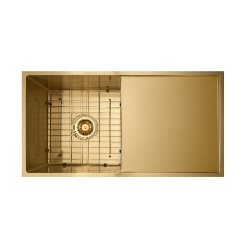 Vertex 850x450x230 Brushed Brass Gold Single Bowl with Drainer Stainless Steel Sink