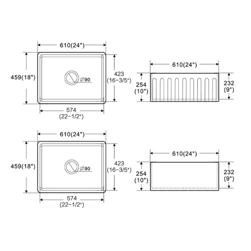 White Fluted Fireclay Single Bowl Sink 610x459x254mm (Model WFS 6145)