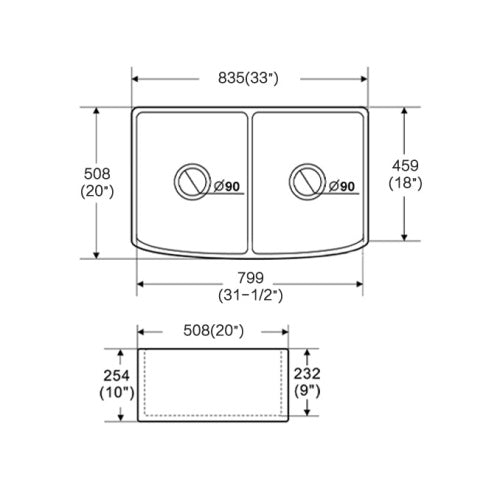 Artisan Double Bowl 835x558x254mm Bow Front Farmhouse Fine Fireclay Butler Sink