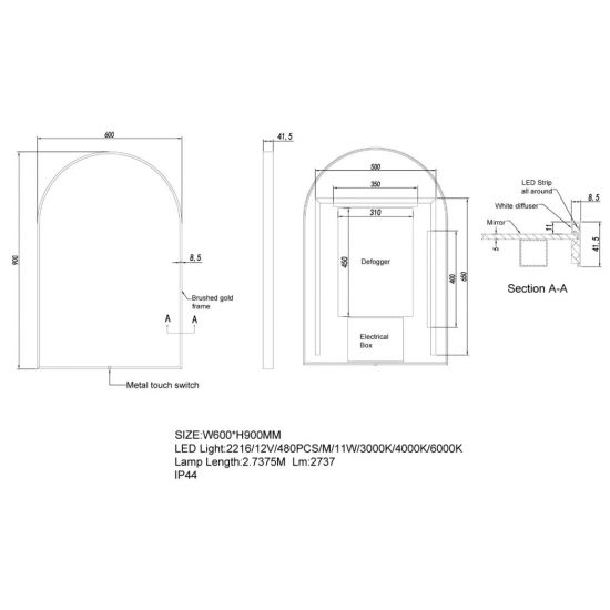 600*900mm Arch 3 Color Lighting Gun Metal Grey Aluminum Framed Front Hidden LED Mirror with Touch Sensor Switch