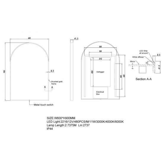 600*900mm Arch 3 Color Lighting Brushed Gold Aluminum Framed Front Hidden LED Mirror with Touch Sensor Switch