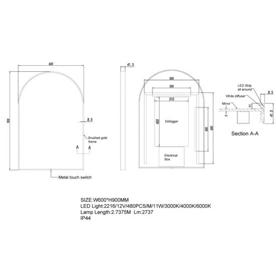 600*900mm Arch 3 Color Lighting Matte Black Aluminum Framed Front Hidden LED Mirror with Touch Sensor Switch