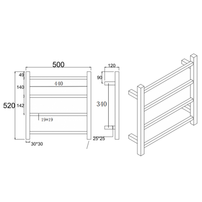 Brushed Nickel Square Electric Heated Towel Rack 4 Bars