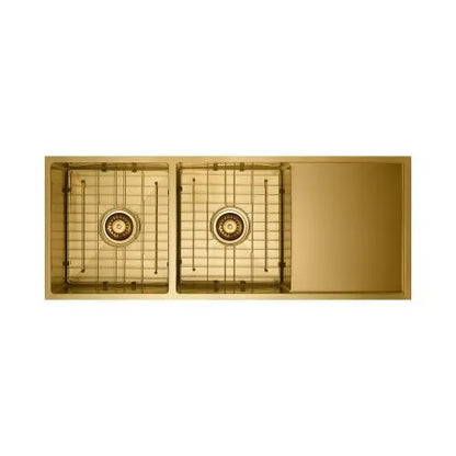 Vertex  Brushed Brass Gold Double Bowl Stainless Steel Sink with Drainer 1114x440x200 (Model SDD 1144)