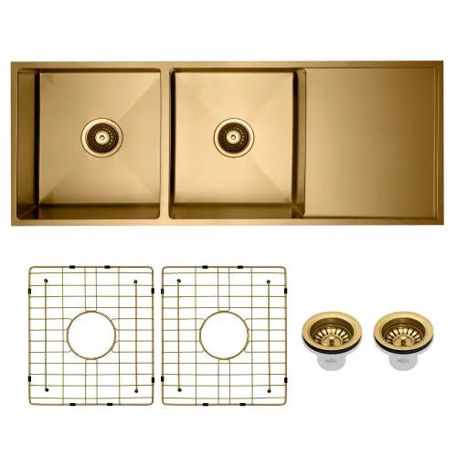 Vertex  Brushed Brass Gold Double Bowl Stainless Steel Sink with Drainer 1114x440x200 (Model SDD 1144)