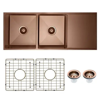 Vertex  Brushed Copper Rose Gold Double Bowl Stainless Steel Sink with Drainer 1114x440x200 (Model RGSDD 1144)