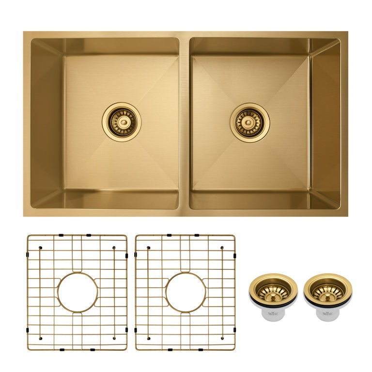 Vertex 760x440x200 Brushed Brass Gold Double Bowl Stainless Steel Sink