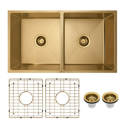 Vertex 760x440x200 Brushed Brass Gold Double Bowl Stainless Steel Sink