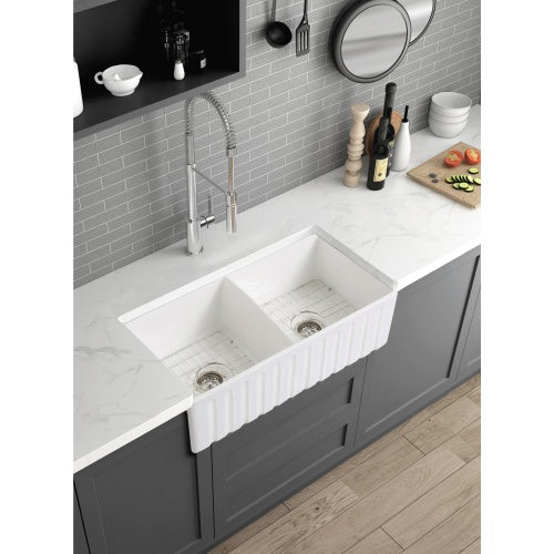 Artisan Double Bowl 835x459x254mm Fluted Farmhouse Fine Fireclay Butler Sink