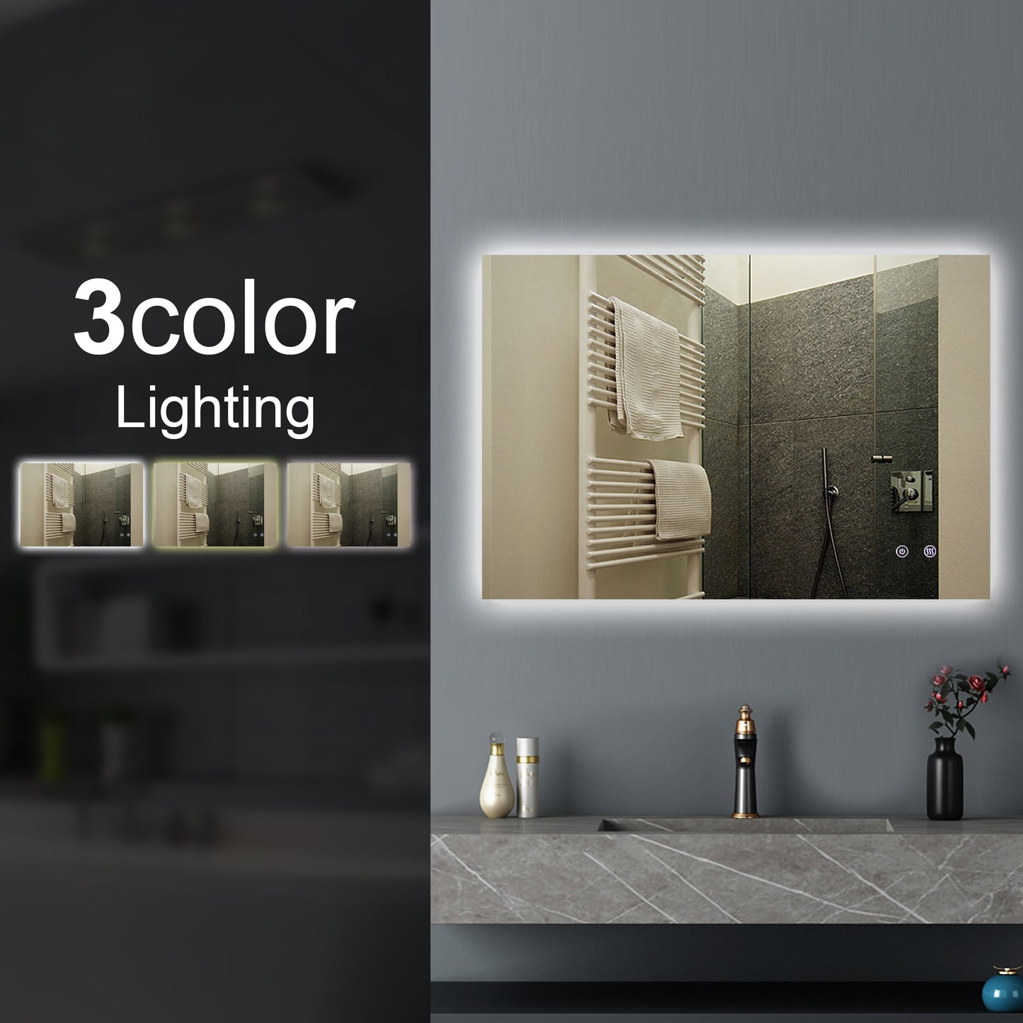 1200*800mmSharp Edge 3 Color Lighting Backlit Acrylic LED Mirror Touch Sensor Switch Defogger Pad Wall Mounted Vertical or Horizontal
