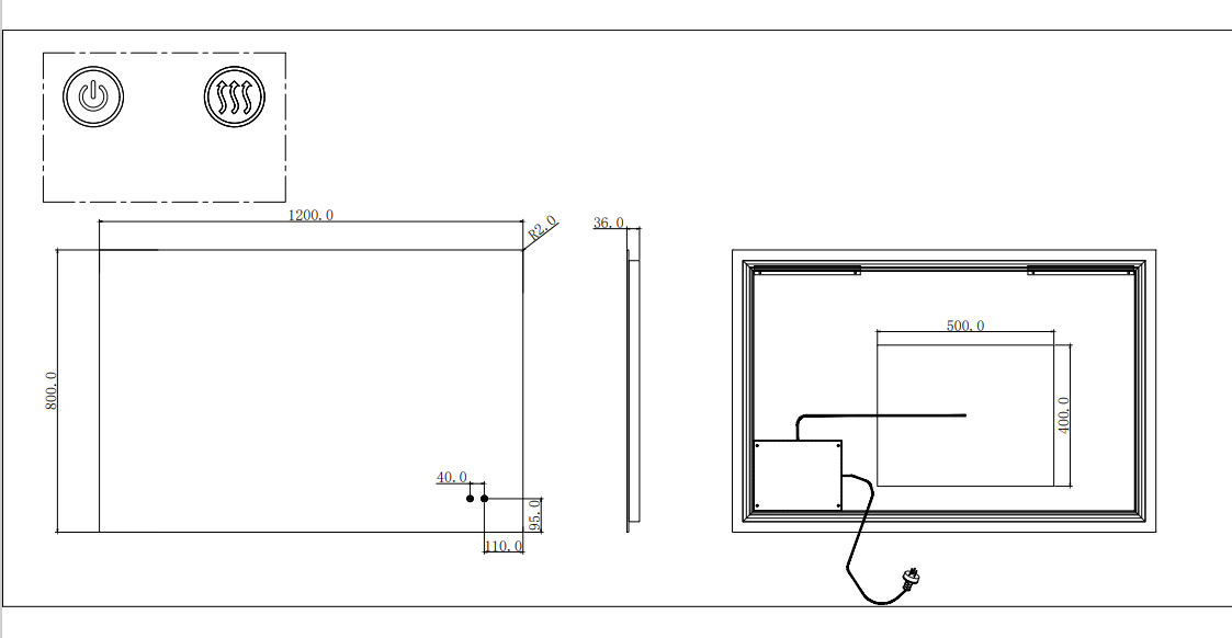 1200*800mmSharp Edge 3 Color Lighting Backlit Acrylic LED Mirror Touch Sensor Switch Defogger Pad Wall Mounted Vertical or Horizontal