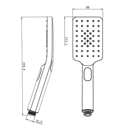 ABS Square Gunmetal Grey 3 Functions Rainfall Hand Held Shower Head