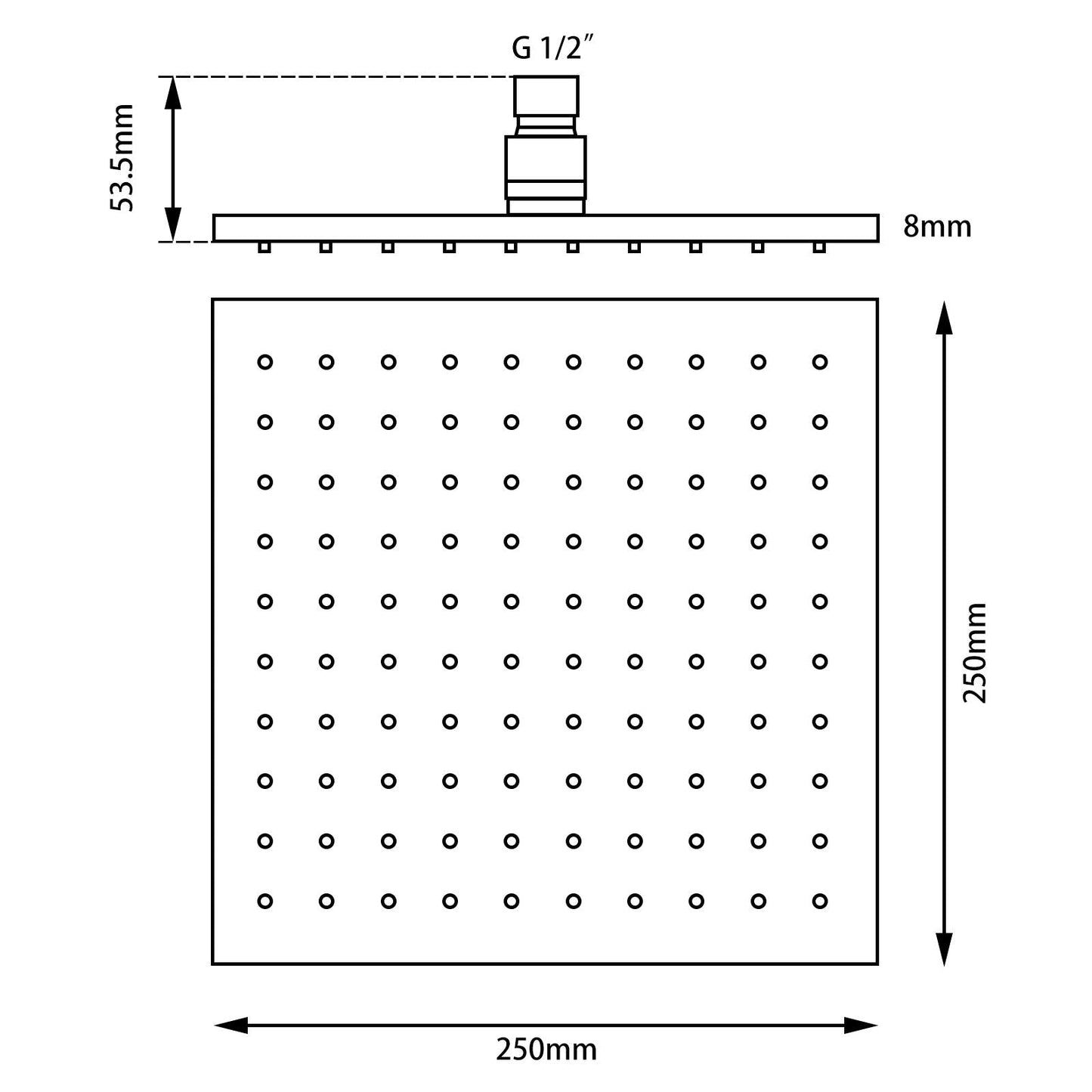 Square Brushed Nickel Brass Rainfall Shower Head 250mm